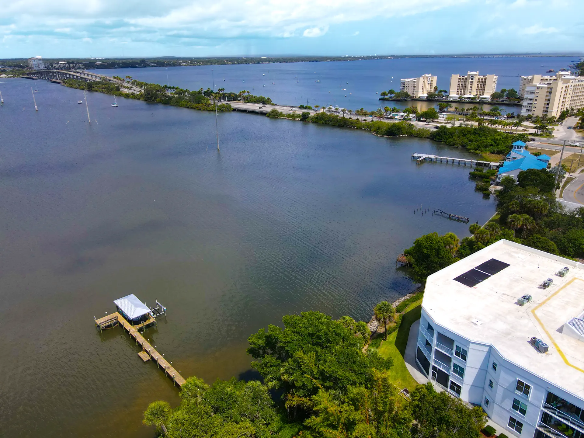 Aerial view of the Space Coast shoreline at golden hour