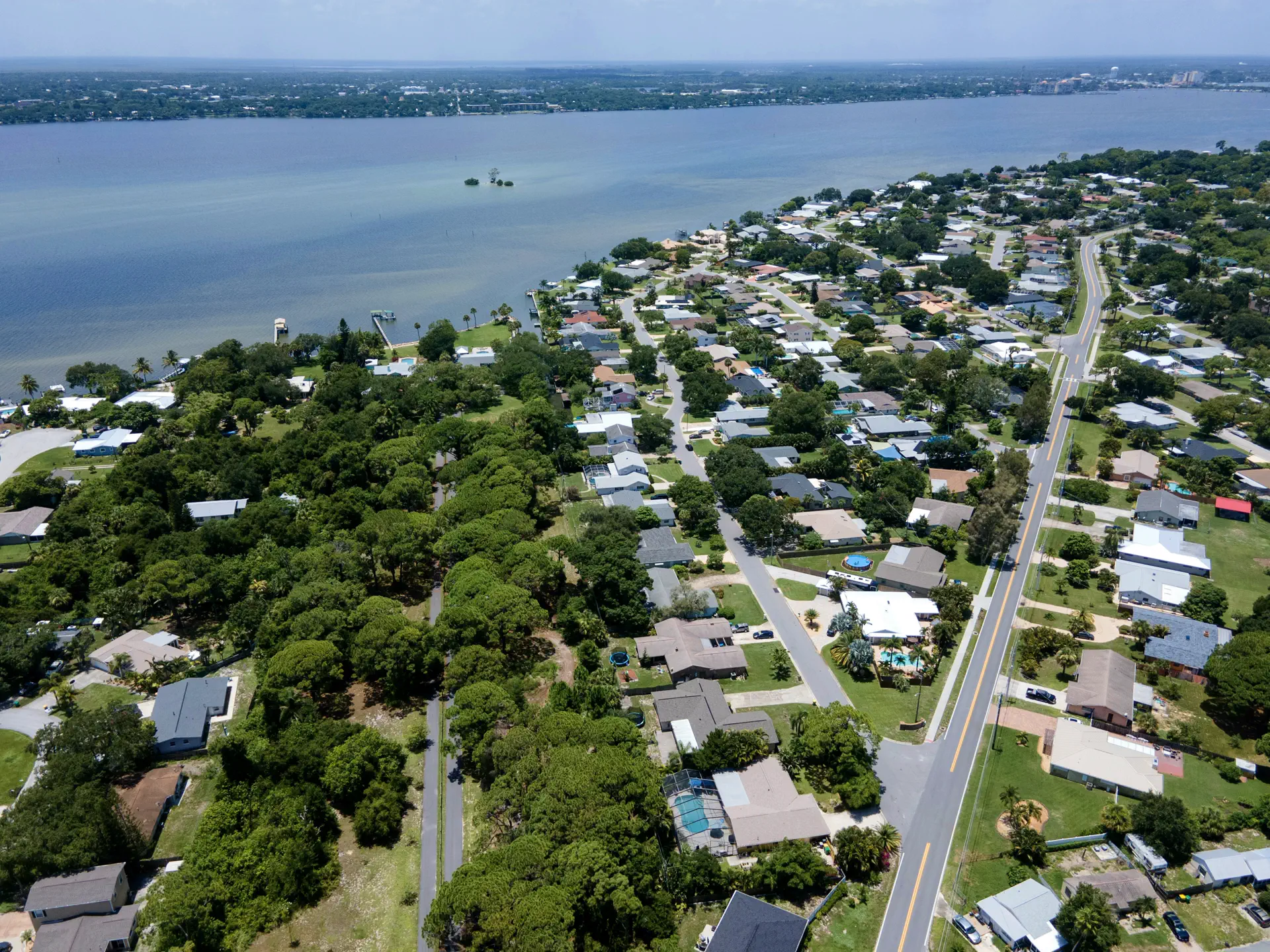 Aerial view of Merritt Island canal-front neighborhood